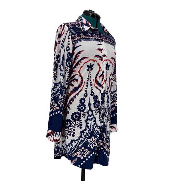 Reborn White, Red & Blue Abstract Paisley and Striped Buttoned Tunic Top, Medium - Picture 12 of 16